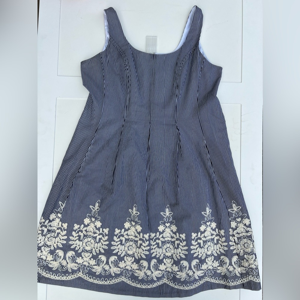 Nine West Lined Blue & White Striped Dress with floral stitching